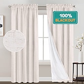 baratos Cortinas &amp; Cortinados-Cortinas de Textura de Linho para Quarto Sólido 100% Blackout Térmica Isolada com Forro Branco Cortinas/Dráperes Escurecedoras para Sala de Estar Berçário 2 Peças L52 x A84