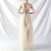 cheap Semi-formal / Cocktail-A-Line Quinceanera Dresses Elegant Dress Formal Wedding Asymmetrical Sleeveless Strapless Tulle Backless with Feather Embroidery