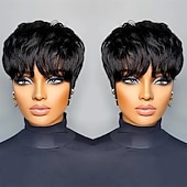 abordables Pelucas de máxima calidad-Peluca sintética de corte pixie, de capas cortas, para mujeres negras, sin pegamento, estilo bob, recta y corta, color negro.