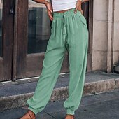 abordables jambe large et taille haute-Femmes Slacks Pantalons Occasionnel Longueur complète Naturel Uni Avec Poches Conception à cordon élastique Confortable Extérieur Fête Décontracté Quotidien Week-end Vin Noir Vert Claire Vert Véronèse