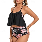 abordables Maillots une pièce et tankinis-Femmes Tankini Maillot De Bain Deux Pièces Dos nageur Maillot de Bain Floral Maillots de Bain Noir Rose Claire Respirant Séchage Rapide Sans manches - Natation Surf Plongée en apnée Été