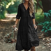 abordables Robes Bohémiennes-Femmes Robe Longue Maxi Robe Robes en coton et lin Robe Décontractée Robe bohème Mode Extérieur Soirée Fête Coupe régulière Uni manche longue Col en V Noir Vert Véronèse Orange Été