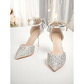 economico Formale-Scarpe da sposa con tacco a spillo e cinturino alla caviglia, con punta affilata e glitter argento, per spose ed eleganti occasioni nuziali