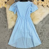 economico Abiti boho-Per donna Abito Midi Abito in cotone e lino Abito Boho Abito occidentale Moda Classico Moderno All&#039;aperto Quotidiano Ferie Vestibilità regolare Semplice Manica Corta Scollo a V Azzurro Estate