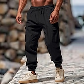 baratos Retrô-Homens Calças Cargo Calças de linho Calças Calça verão Calça casual Com Cordão Cintura elástica Bolso multi Tecido Conforto Respirável Comprimento total Casual Diário Feriado Férias Moda Preto Branco