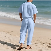 cheap Men&#039;s Tee Sets-Men&#039;s Shirt Suits Shirt and Pant Sets 2 Pieces Outfits Short Sleeve Lapel Summer Plain Fashion Casual 2 Piece Vacation Daily Wear Going out Black White Khaki Top Tee for Men