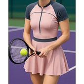 tanie Sukienka damska-Damskie Niejednolita całość Sukienka do tenisa Krótki rękaw Pofałdowany Zamek Oprawa kontrastowa Oddychający Bransoletka tenisowa Pikle Okrągły dekolt Sukienka Czarny Różowy Królewski błękit Odzie