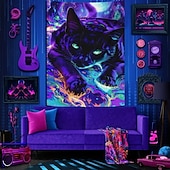 お買い得  ブラックライトタペストリー-ブラックライトタペストリー 蓄光 パーティー UV反応 猫 トリッピーミスティー 吊るしタペストリー 壁アート ミューラル リビングルーム 寝室用