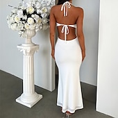tanie Sukienki na przyjęcia-Damskie Długa sukienka sukienka maxi Codzienne sukienki Sukienka koktajlowa Moda Elegancka sukienka Na zewnątrz Impreza Święto Regularny Równina Bez rękawów W serek Czarny Biały Żółty Lato