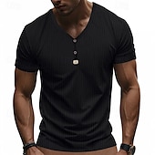 cheap Casual Henley Tee-Men&#039;s T Shirt Henley Shirt Tee Short Sleeve Shirt Short Sleeve V Neck Summer Plain Fashion Designer Basic Jacquard Vacation Street Going out Black White Khaki Top Tee for Men
