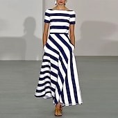 halpa Raidallinen ja geometrinen mekko-Naisten Pitkä mekko Maxi mekko Rento mekko Kellomekko Muoti ulko- Juhla Pyhäpäivä Normaali Raidoitettu Lyhythihainen Olkaimeton Musta Rubiini Sininen Kesä