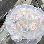 baratos Plantas e Flores Artificiais-Embalagem de presente de flores com luz LED, material de embrulho de gaze ondulada para buquê, caixa de presente de pirulito para casamento, festa, aniversário