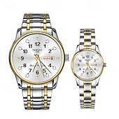 baratos Relógios Quartz-Conjunto de relógio de quartzo para casal, 2 peças – mostrador digital redondo, à prova d&#039;água ipx7, ponteiros luminosos, calendário duplo (data e dia), pulseira de liga, estilo empresarial unissex, ideal para encontros e presentes