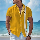 preiswerte Herrenhemd zum Knöpfen-Herren Hemd Sommerhemd Freizeithemd Strandhemd Knopfhemd Gelb Leicht Blau Kurzarm Kokospalme Revers Urlaub Hawaiianisch Druck Bekleidung Polyester Mode Lässig Bequem