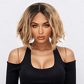 cheap Synthetic Trendy Wigs-Synthetic Wig Wavy Curly Weave Asymmetrical Neat Bang Machine Made Wig 12 inch A1 Synthetic Hair Women&#039;s Middle Part Classic Comfortable Blonde