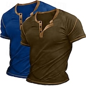 economico Maglietta casual Henley-Maglietta Henley da uomo in 2 pezzi, a maniche corte, semplice, con maniche raglan, alla moda, stile basic, con bottoni, confezione da 2, per vacanza, strada, casual, estate, tutte le stagioni.