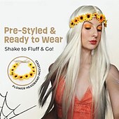ieftine Peruci istorice-Coroana de flori costum peruci hippie pentru femei costum din anii '70 perucă cu coroană de flori detașabilă perucă lungă blondă costum hippie femei Halloween