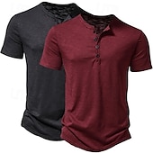 preiswerte Lässiges Henley-T-Shirt-2er-Pack Herren-T-Shirt, Henley-Shirt, kurzärmlig, einfarbig, Designer, Basic, modern, zeitgenössisch, Knöpfe, einfarbig, Henley, Urlaub, Straße, lässig, Sommer, Henley-T-Shirt