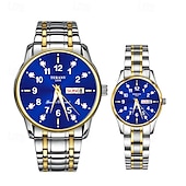 baratos Relógios Quartz-Conjunto de relógio de quartzo para casal, 2 peças – mostrador digital redondo, à prova d&#039;água ipx7, ponteiros luminosos, calendário duplo (data e dia), pulseira de liga, estilo empresarial unissex, ideal para encontros e presentes
