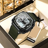baratos Relógio Automático-Relógio esportivo digital masculino à prova d&#039;água com display LED quadrado, hora dupla, semana e data, pulseira de silicone, relógio de pulso casual