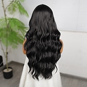 economico Parrucche lace sintetiche-Parrucca in pizzo sintetico Riccio Stile 26 pollice Nero Riga centrale Parte a U Parrucca Per donna Parrucca Nero