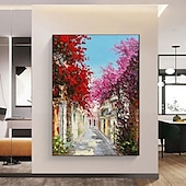 preiswerte Blumen-/Botanische Gemälde-handgemaltes Ölgemälde einer mediterranen Gasse – blühende Bougainvillea, goldenes Wald-Ölgemälde, handgemachtes Herbst-Ölgemälde, Landschaftsgemälde, Wandkunst für die Wohnzimmerdekoration