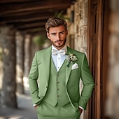 ieftine Costume de nuntă-Costume de nuntă bărbătești, culoare salvie, vară, modă, formale, culoare uni, croială standard, 3 piese, un singur rând de nasturi, doi nasturi
