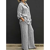 preiswerte Sets-Damen Aktiv Basic Baumwoll-Leinen-Sets Langarm Hemdkragen Einfarbig Alltagstauglich Schwarz Weiß Gelb Sommer Normale Passform