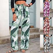 abordables pierna ancha y cintura alta-Mujer pantalones Pantalones Moda Boho Longitud total Cintura Media Hoja Estampado Diseño de cordón elástico Confortable Al Aire Libre Cómodo Exterior Festivos Casual Diario Gris Rosa Morado Verde