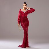 abordables ROUGE-Robe de soirée noire cravate noire robe élégante mariage invité longueur au sol manches longues col rond sequins avec plis