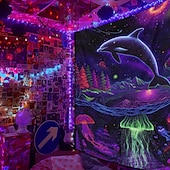 お買い得  ブラックライトタペストリー-ブラックライトタペストリー 輝く暗闇 輝くパーティー UV反応 動物 海のイルカ トリッピー ミスティ キノコ 自然の風景 壁掛けタペストリー 壁アート 壁画 リビングルーム 寝室用