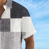 preiswerte Geometrische Muster-Herren Geometrisch Farbblock Karo / Karomuster Hemd Sommerhemd Knopfhemd Kurzarm Modisch lässig Urlaub Ferien Streetwear Sommer Umlegekragen 3D-Druck Eine Tasche vorne Leinenähnliches Hemd Khaki Grau