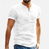 economico Classico-Per uomo Camicia Camicia di lino Camicia con colletto alla coreana Camicia popover Camicia Estiva Abbigliamento da spiaggia Tinta unica Vacanza Casuale Nero Bianco Azzurro cielo Grigio Maniche Corte