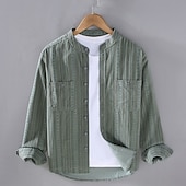 economico camicia da uomo con bottoni-Per uomo Camicia Camicia Estiva Camicia casual Camicia da Spiaggia Camicia con Bottoni Verde Kaki Manica Lunga A righe Colletto alla coreana Vacanza Camicia hawaiana Tasca Abbigliamento Poliestere
