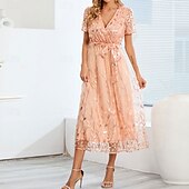 preiswerte Teelänge-A-Linie Kleid Brautmutterkleid Elegant V Ausschnitt Bodenlang Spitze Kurzarm mit Schärpe / Band Falten 2025