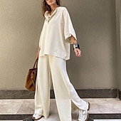 abordables Ensembles-Femmes Mode Streetwear Chemises en coton et lin Ensembles en coton et lin Ensembles de Pantalons Manche 3/4 Col en V Uni Tenue quotidienne Date Blanche Beige Été Coupe régulière