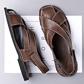 billiga Semester Sandaler-Herrsandaler i brunt konstläder med korsremmar och justerbar stängning – bekväma och trendiga sandaler för varmt väder