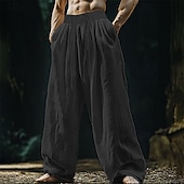 cheap Retro-Men&#039;s Linen Pants Trousers Summer Pants Beach Pants Pocket Drawstring Elastic Waist Plain Comfort Breathable Vacation Daily Holiday Hawaiian Boho Black White