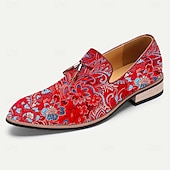 billiga Utsökta broderade skor-Herr Tofflor och Slip-Ons Tofstofflor Promenad PU Läder Jacquard Tyg Andningsfunktion Bekväm Halksäker Loafers Mörkröd Sommar Vår Höst