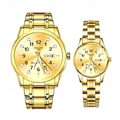 baratos Relógios Quartz-Conjunto de relógio de quartzo para casal, 2 peças – mostrador digital redondo, à prova d&#039;água ipx7, ponteiros luminosos, calendário duplo (data e dia), pulseira de liga, estilo empresarial unissex, ideal para encontros e presentes