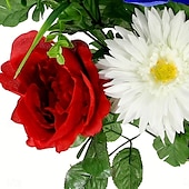 cheap Independence Day Decoration-Patriotic Artificial Flowers 4th of July Bouquet Fake Independence Day Red White and Blue Cemetery Flowers with American Flags Roses Daisy for Grave Memorial Day  Veterans Decoration