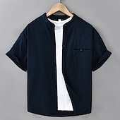 baratos Camisa Algodão Linho-Homens Camisa Social Camisa de linho Camisa casual camisa de botão Camisa de algodão Tecido Férias Rua Branco Azul Marinha Azul Marron Manga Curta avô Verão Roupa Bolsos