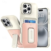 رخيصةأون جرابات آيفون-جراب هاتف ملون مقاوم للصدمات لهاتف iPhone 16 Pro Max Plus / 15 / 14 / 13 / 12 Pro Max - فتحة بطاقة منزلقة مع مسند، غطاء خلفي من الكمبيوتر الشخصي