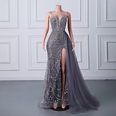 baratos CINZA-Sereia  Vestido de Noite Trompete Vestido Elegante Festa de Gala Traje de Corte Sem Mangas Alças Finas Com Lantejoulas e Pérolas