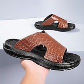 cheap Vacation Sandals-Men&#039;s Copper Faux Leather Slide Sandals with Embossed Crocodile Pattern and Black Cushioned Sole – Stylish Slip-On Sandals for Indoor Lounge, Poolside Relaxation, or Resort Wear