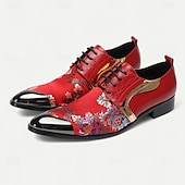 tanie Elementarne Buty Eleganckie-Męskie czerwone skórzane buty wizytowe z kwiatowym haftem i metalowymi akcentami w złotym kolorze – eleganckie obuwie na wesela i wieczorne wydarzenia