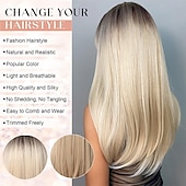 preiswerte Trendige synthetische Perücken-Ombre-Perücke in Gold mit Pony – langes glattes Haar mit dunklen Haarwurzeln und leichten Locken nach innen an den Enden – hitzebeständiges Kunsthaar für Frauen – ideal für alltägliche Partys und