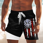 お買い得  独立記念日ボトムス-アメリカ独立記念日 男性用 米国旗 愛国 7月4日 裏地付きショートパンツ 2 in 1 スイムショーツ スイムトランク ミディアムウエスト 祝日 サイドポケット コンプレッションライナー付き 伸縮性のあるドローストリングウエスト デザイナー 衣類