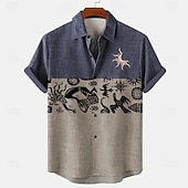 cheap Classic-Men's Symbol Linen Shirt Summer Hawaiian Shirt Button Up Shirt Short Sleeve Vintage Artistic Vacation Holiday Beach Wear Summer Spring Turndown Collared Shirts Blue Purple Green