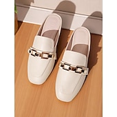 billiga Träskor och tofflor till damer-Svarta damloafers med guldfärgad kedjedetalj, slip-on platta kontorsskor utan rygg för arbete, daglig pendling och business casual